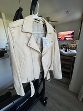 THEORY LEATHER MOTO BIKER  JACKET  Size L Cream ColorRetails $995 picture