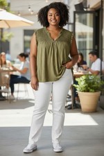 NWT Lane Bryant Blouse Women 22/24 Green Smocked Ruffle Boho Peasant Casual Top picture