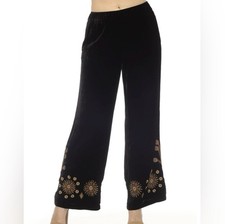 Johnny Was Heidi Black Velvet Embroidered Wide-Leg Pants Elastic Waist, Large   picture