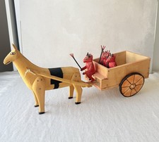 Early Oaxacan Wood Carving Devil Cart Horse Mexican Folk Art Diablo Wagon picture