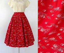 Vintage 1950s Autumn Red Novelty Leaf Swing Skirt, 50s Cotton Fit Flare, Small picture