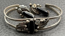 Vintage RB Southwest Sterling Silver Black Onyx 6.5” Cuff Bracelet Earring Set picture