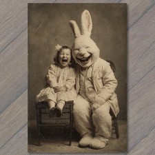 POSTCARD Creepy Rabbit Suit Laughing Girl Studio Portrait Eerie Easter picture