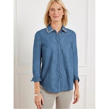 Talbots EMBELLISHED COLLAR DENIM BUTTON FRONT SHIRT size P picture