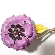 Vintage Lavender Enamel 3D Floral Brooch Ruffled Purple Rhinestones Gold Tone picture