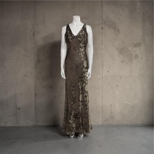 NEW Carmen Marc Valvo 8-10 Evening Gown Silky Dress Olive Taupe Mermaid Fishtail picture