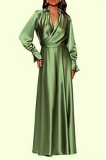 Xscape Olive Green Satin Collared Long Sleeve Satin Gown Dress Size 10 $288 picture