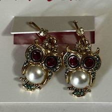 Betsey Johnson Owl Dangle/Drop Hook Earrings, Gold Tone Sim Pearl Rhinestone picture