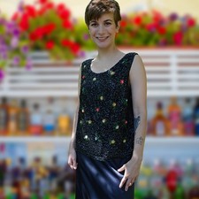 Black Sequin Top Vintage 1950s Cocktail Floral Holiday Party Tank Blouse L picture