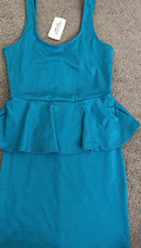 Forever 21 Women's Teal Solid Bodycon Peplum Ruffle Scoop Neck Dress S picture