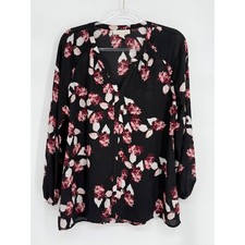 Emaline Womens Sz L Black Burgundy Floral Split V-Neck Chiffon Blouse Top picture