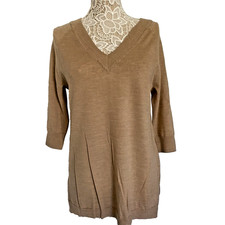 Moth Anthro 100% Extra Fine Merino Wool Beige 3/4 Sleeve V-Neck Sweater Small picture