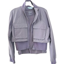 FLX Women's Cropped Full Zip Jacket w/ Pockets Purple M Mock Neck with top under picture