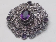 vintage antique ornate filigree brooch  Asian winged dragon Amethyst detail pin picture