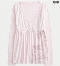 Hollister Pink Floral Long Sleeve Babydoll V Neck Top Large picture