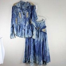 Vintage Acid Wash Denim Skirt Set Blue Embroidered Ruffle Western Boho 0976 picture