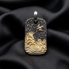2.30Ct Simulated Black Diamond Ocean Wave Dog Tag Pendant 14K Black Gold Plated picture