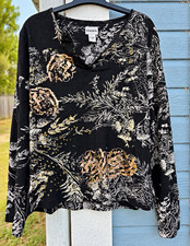 Chico’s Vintage Art to Wear Black Gold Floral Sequin Studded Notch Neck Top Sz 2 picture