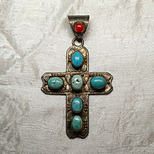 Sterling Silver 925 Southwestern Cross Pendant with Turquoise & Coral Bezel Set picture