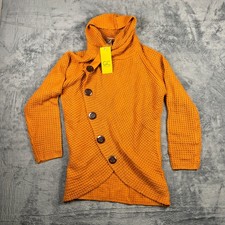 Grecerelle Womens Mustard Cowl Neck Asymmetric Waffle Knit Sweater Large picture
