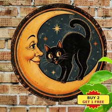 Black Cat Pumpkin Halloween Sign Retro Moon Cafe Kitchen Metal Plaque 8x8 picture