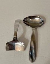 Vintage Noritake VERTICAL Stainless Steel Baby Spoon & Food Pusher Set Japan MCM picture
