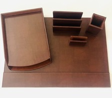 Vintage Executive Desk Organizer Set 5 Piece Cognac Brown Faux (?) Leather picture