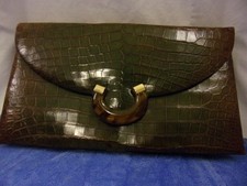 Vintage La Jeunesse Olive Alligator Skin Lucite  Clasp Clutch RARE picture