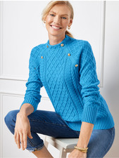 NWT TALBOTS Mockneck Cable Knit Sweater in Blue Size Lp picture