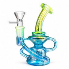 Mini Blue Green Chrome Recycler Glass Bong with Bowl & Loop Handle - 5 inch picture