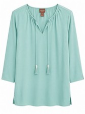 Chico’s Tunic Blouse Women’s XL Aqua Blue Neck Tassels Lightweight Top picture