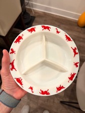 Vintage Hazel Atlas Child's Divided Dish Red Farm Animals Milk Glass Bowl picture