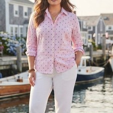 Talbots Pink Stripe Nautical Anchor Sailboat Print Button Down Top Size 2X NWT picture