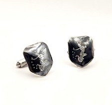 Vintage 1940s Siam Sterling Silver Niello Cufflinks Black Goddess Shield picture