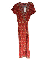 ZESICA Wrap Maxi Dress Red Floral Size Small Flutter Sleeves Boho Bohemian NWT picture