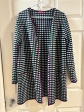 OLEANA Norway Merino Wool Silk Checkered Gingham Long Cardigan Sweater Sz XL⁠ picture