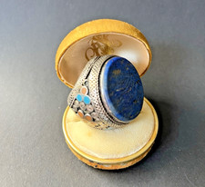 RARE LARGE AFGHAN LAPIS LUZULI RING ARABIC SCRIPT CORAL TURQUOISE INLAY picture