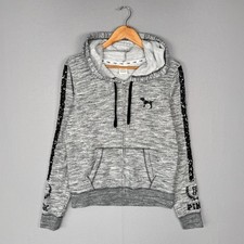Victoria’s Secret PINK Bling Full Zip Hoodie Size M Gray Marl Sequin Logo Fleece picture