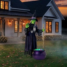 6.5 FT Animated Floating Witch Halloween Prop LED Eyes Sound Cauldron Decor picture