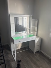 White Modern Vanity Table with Rectangular Mirror, 5 Drawers picture