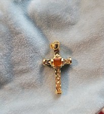 Turkish 14K Gold Cross Pendant With Orange Stone In Center picture