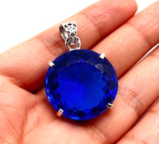 Certified 32.40 Ct Natural Blue Sapphire 925 Solid Silver Pendant Round Gemstone picture