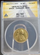 SPAIN Charles IIII Gold 2 Escudos 1806-M,FA ANACS AU-50 Details picture