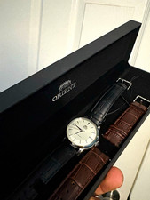 Orient Bambino Men’s Automatic Dress Watch White Dial Date Leather Straps Box picture