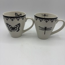 World Market Off White Black Dragonfly & Butterfly Mug French Letterpress Rim picture