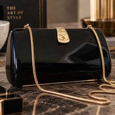 Vintage Saks Fifth Avenue Made in Italy Black Hard Shell Purse Gold Chain Bag picture