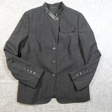 Akris Punto Blazer Womens 14 NWT Wool Pinstripe 3 Button Leather Collar Black picture