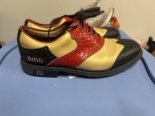 MyJoys by FootJoy Custom Leather Saddle Golf Shoes Sz 8.5XW Gold Red Black Wide picture