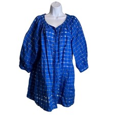Chico's Women's Blue Metallic Plaid Check Tunic Linen Top Size 2 Large Oversized picture