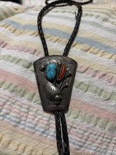 Vintage Navajo Bolo Tie sterling Silver Turquoise & Coral  Feather  Old Pawn  picture